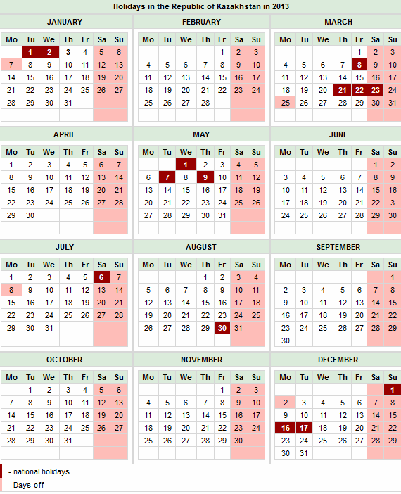 Kazakhstan Calendar 2013